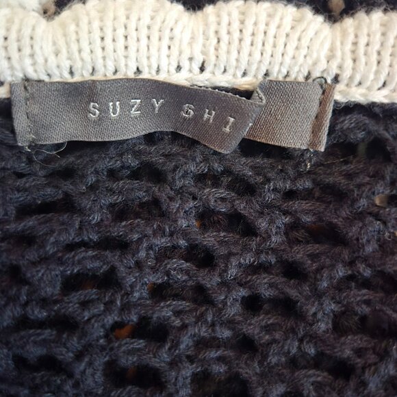 Y2K Black Crochet Fitted Cardigan White Trim Size S Retro Mod Dark Coquette - Picture 11 of 11